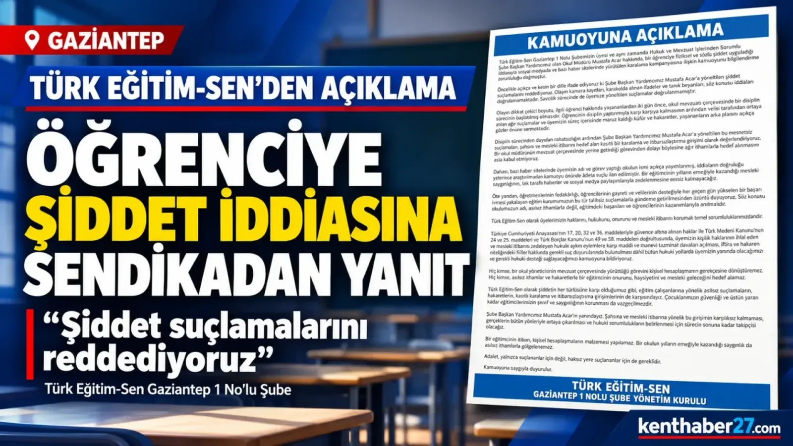 Türk Eğitim-Sen’den Gaziantep’teki öğrenciye şiddet iddiasına açıklama