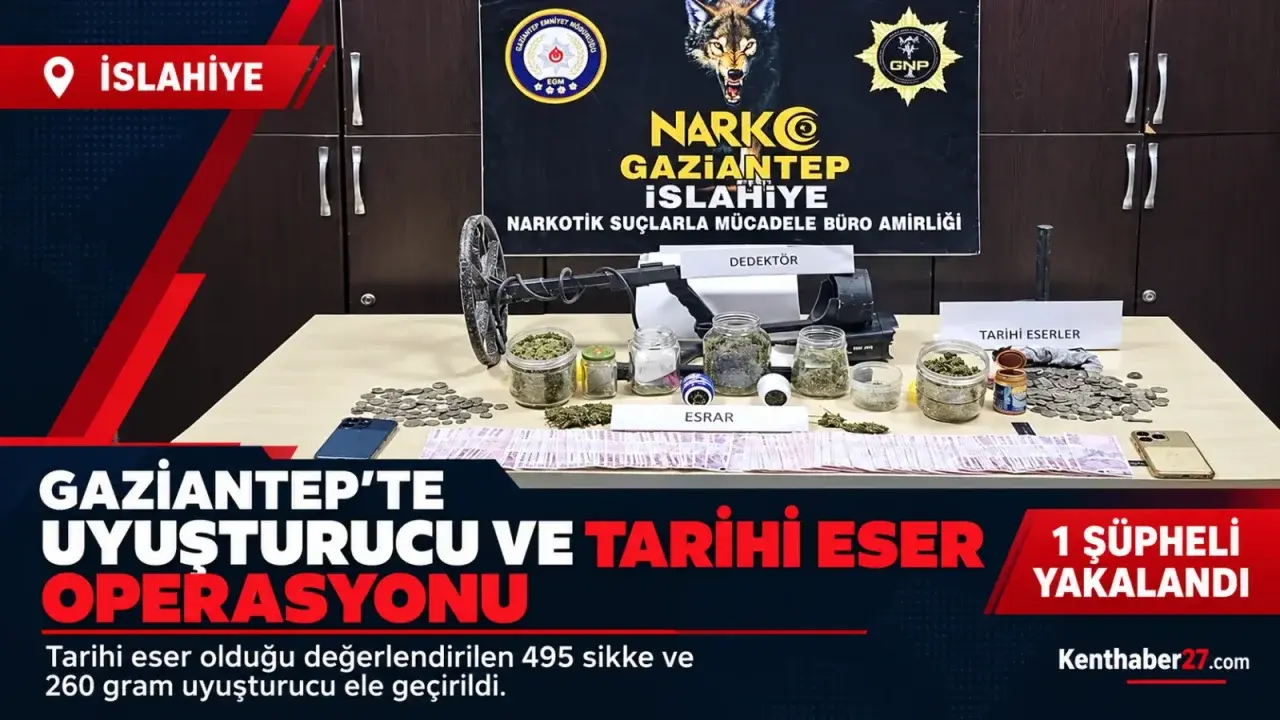 Gaziantep’te uyuşturucu ve tarihi eser operasyonu: 1 şüpheli yakalandı